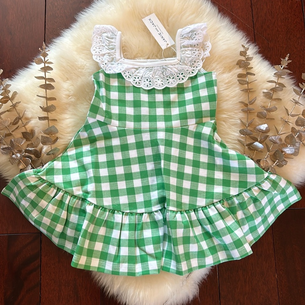 NWT Janie and Jack green white gingham eyelet girls cotton dress!
